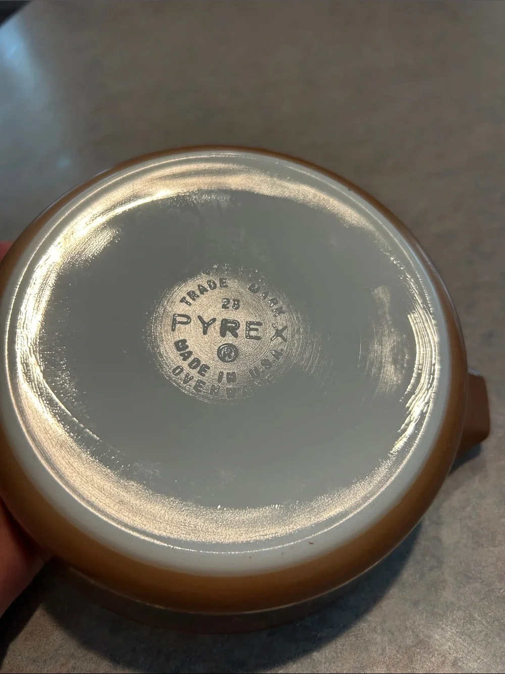 Vintage Pyrex Brown Gold-Accent Casserole with Clear Glass Lid. Early American